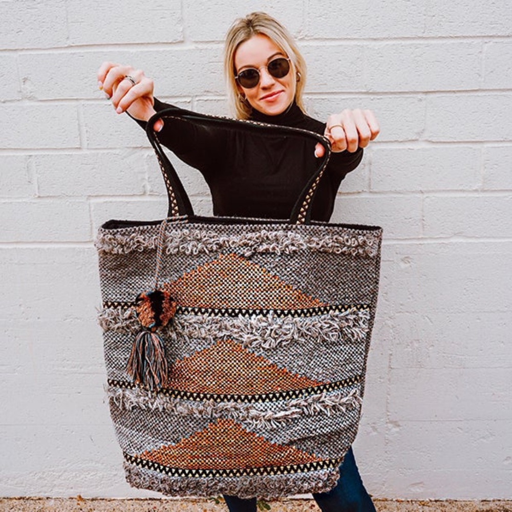 Brown & Gray Frayed Oversized Tote Shoulder Bag